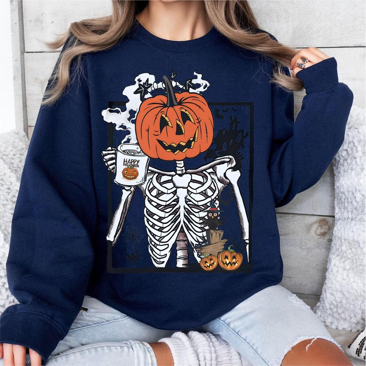 Pumpkin Head Skeleton Happy Halloween Spooky Season Shirt 4