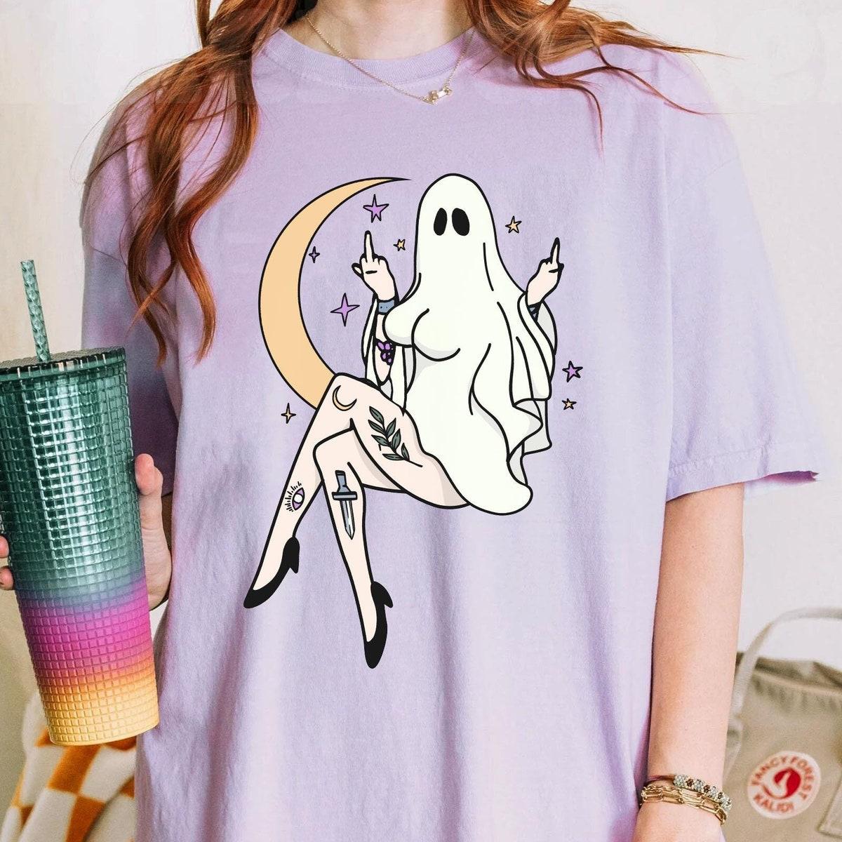 Sarcastic Boo Girl Ghost Middle Finger Vintage Halloween Shirt 1