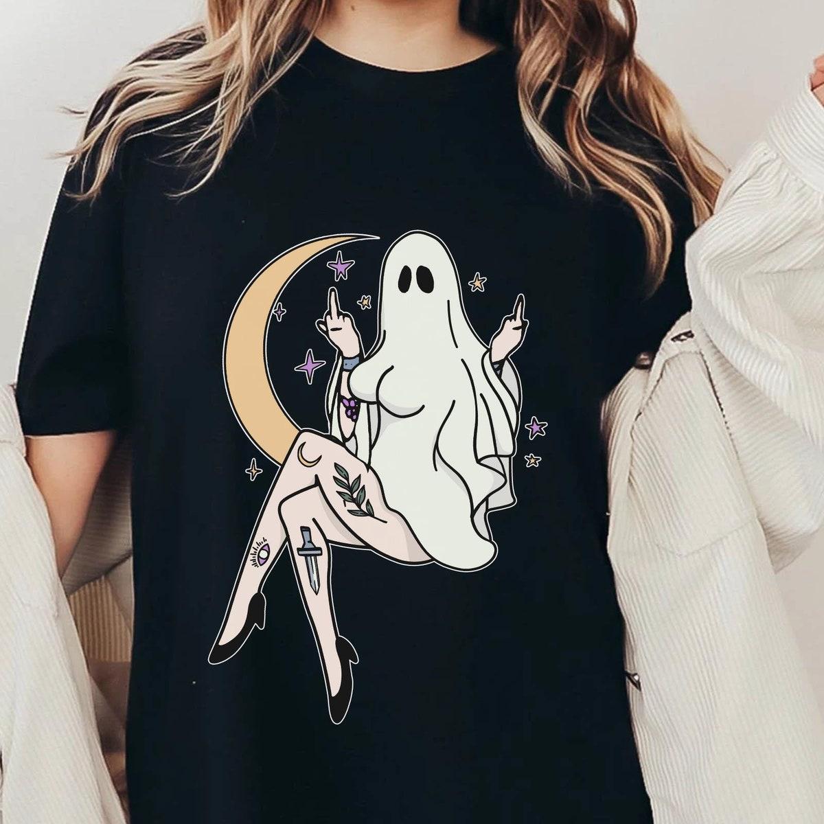 Sarcastic Boo Girl Ghost Middle Finger Vintage Halloween Shirt 2