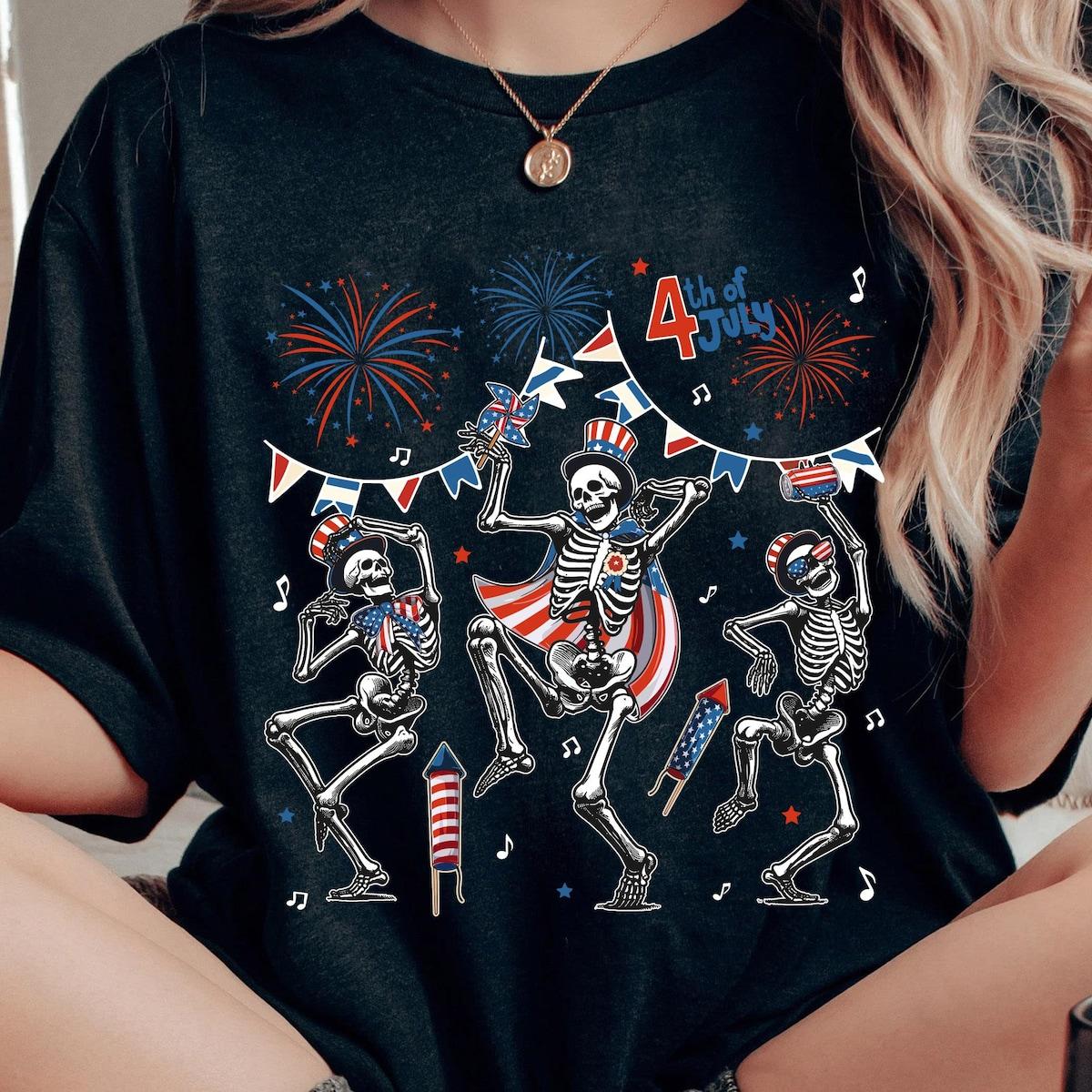 Skeleton Dancing Red White Blue Firework Happy 4th Of July Shirt 1