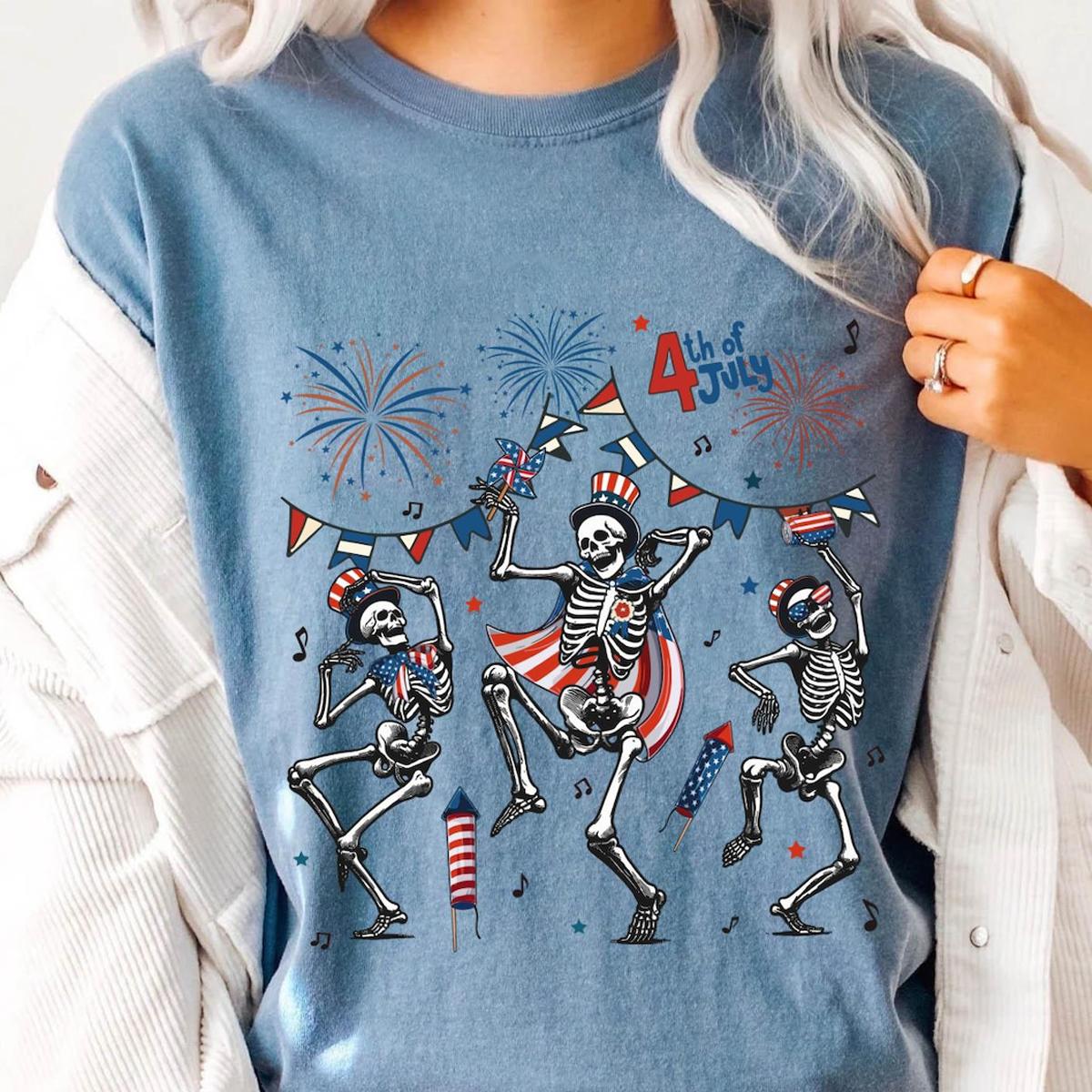 Skeleton Dancing Red White Blue Firework Happy 4th Of July Shirt 2