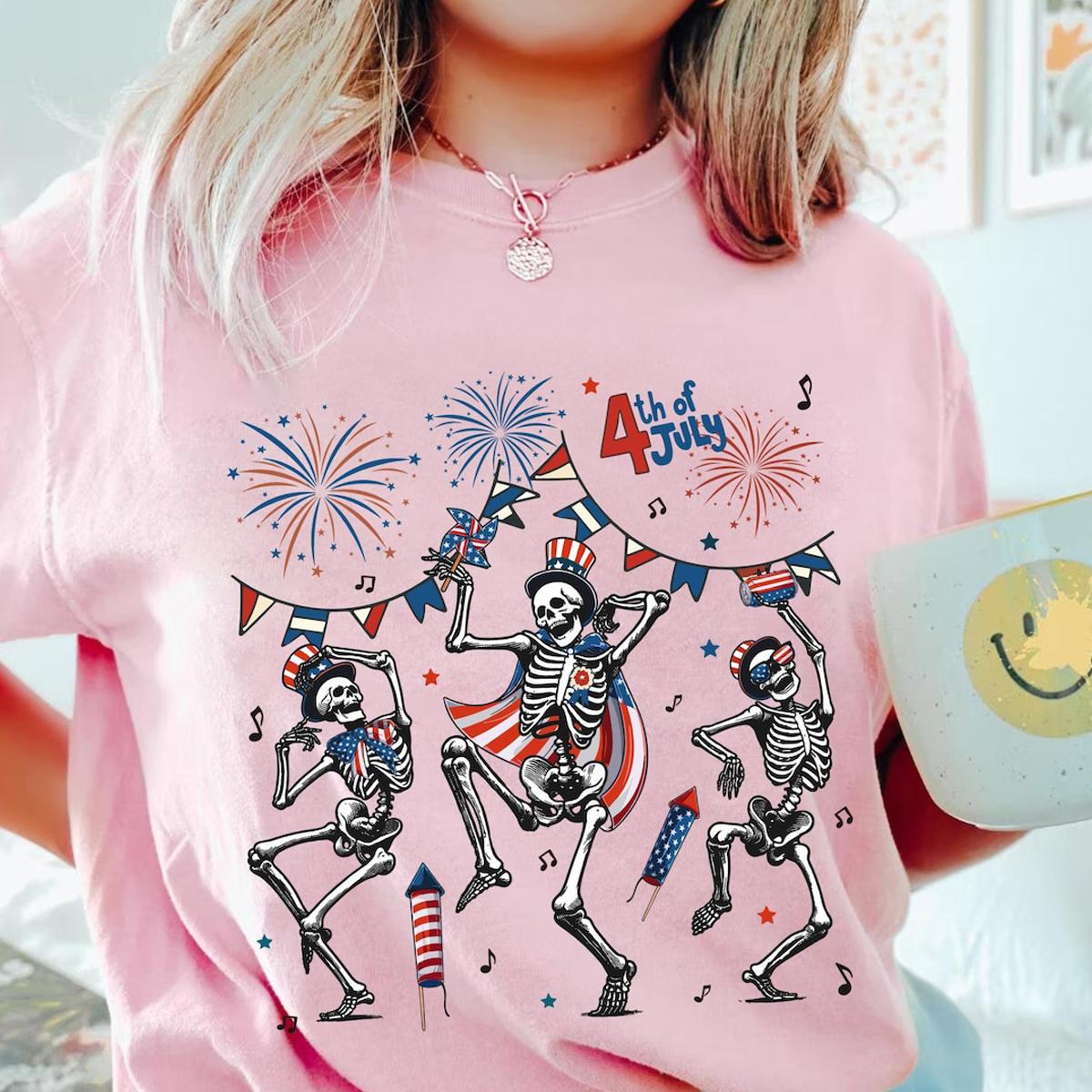 Skeleton Dancing Red White Blue Firework Happy 4th Of July Shirt 3