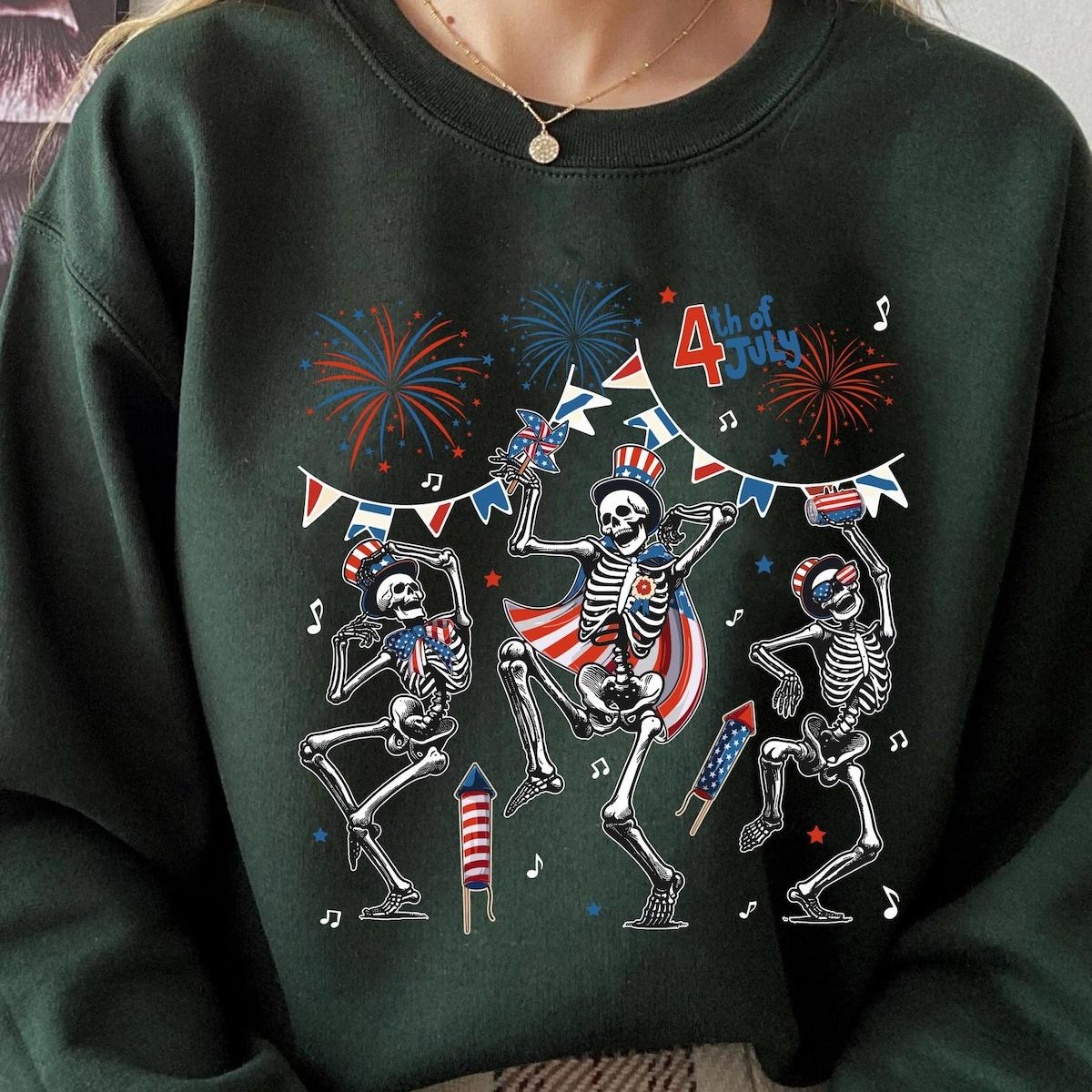 Skeleton Dancing Red White Blue Firework Happy 4th Of July Shirt 4