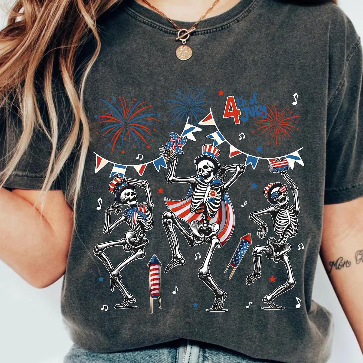 Skeleton Dancing Red White Blue Firework Happy 4th Of July Shirt 5