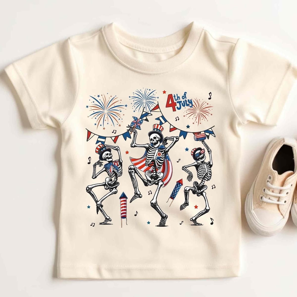 Skeleton Dancing Red White Blue Firework Happy 4th Of July Shirt 7