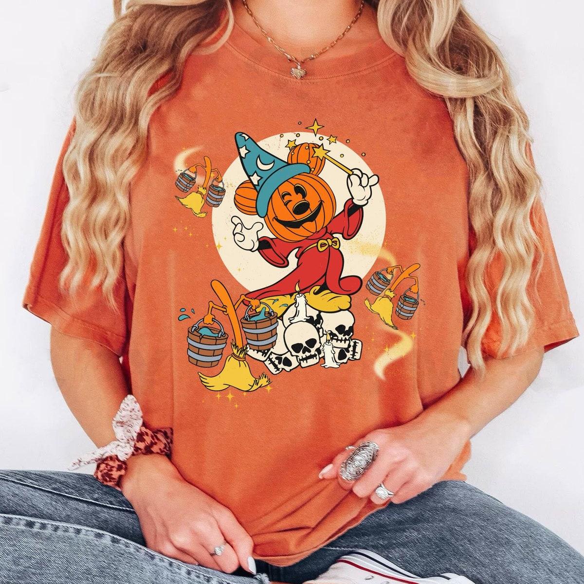 Sorcerer Mickey Pumpkin Magic Broom Silly Symphony Skeleton Shirt 2