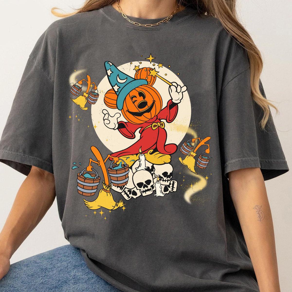 Sorcerer Mickey Pumpkin Magic Broom Silly Symphony Skeleton Shirt 3