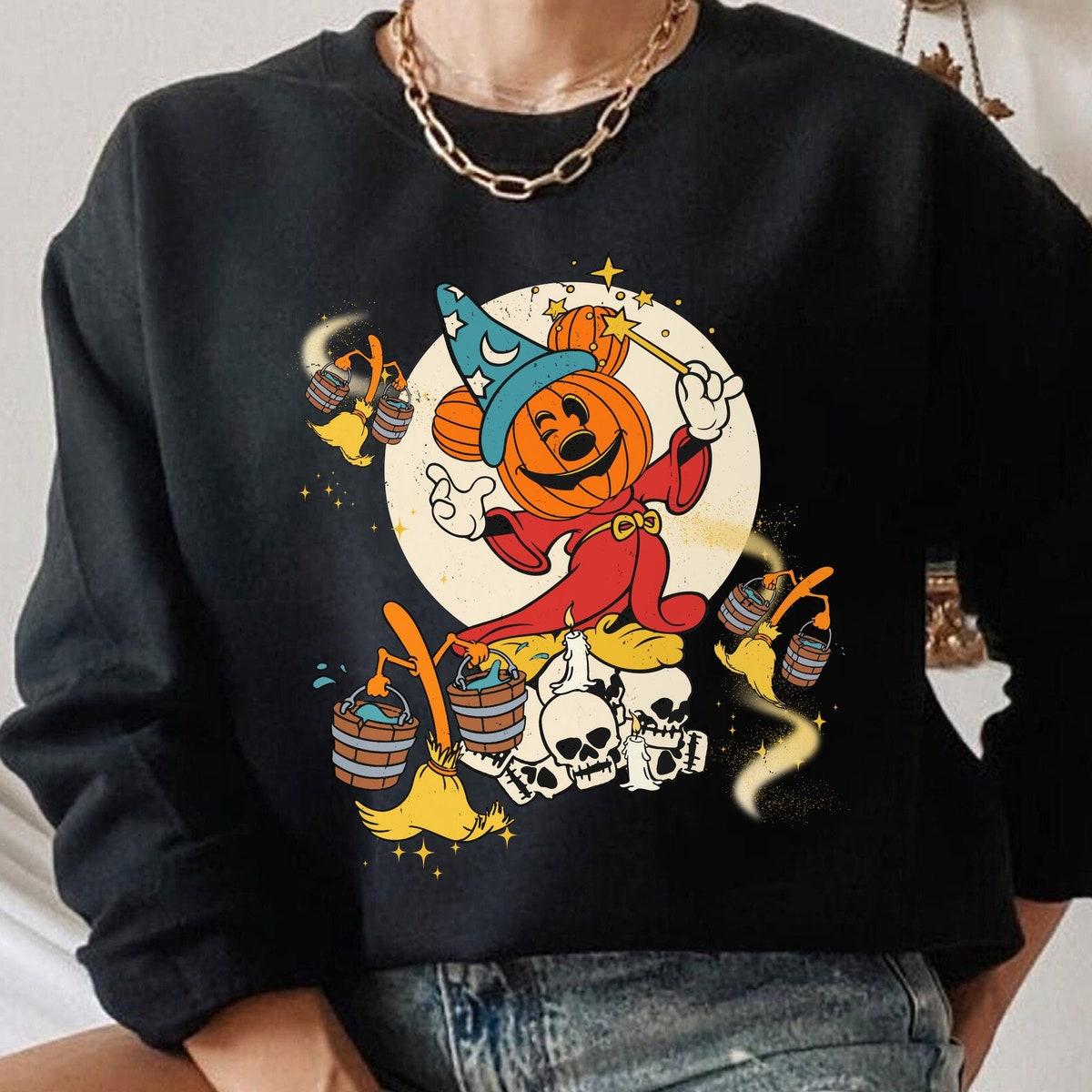 Sorcerer Mickey Pumpkin Magic Broom Silly Symphony Skeleton Shirt 5