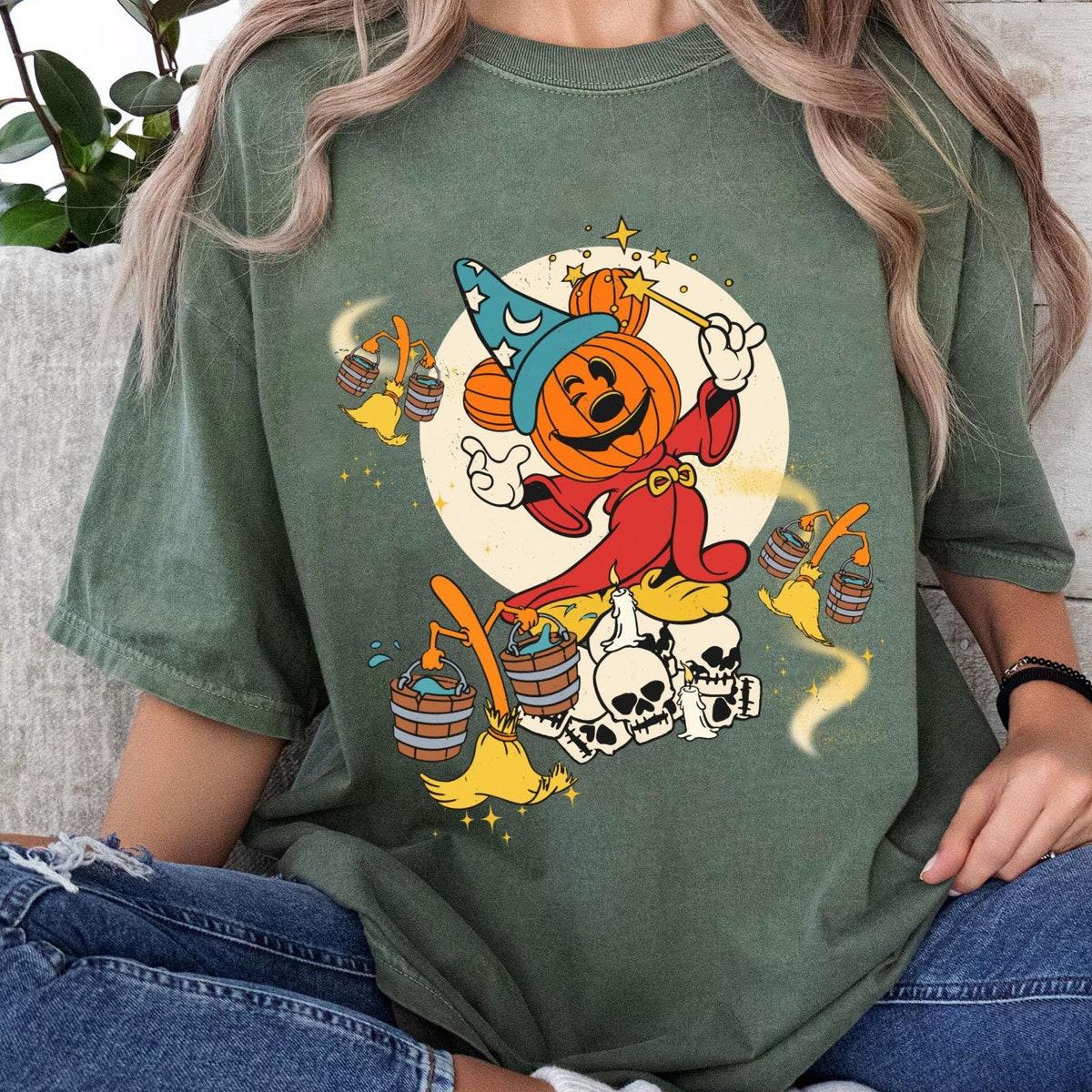 Sorcerer Mickey Pumpkin Magic Broom Silly Symphony Skeleton Shirt 6