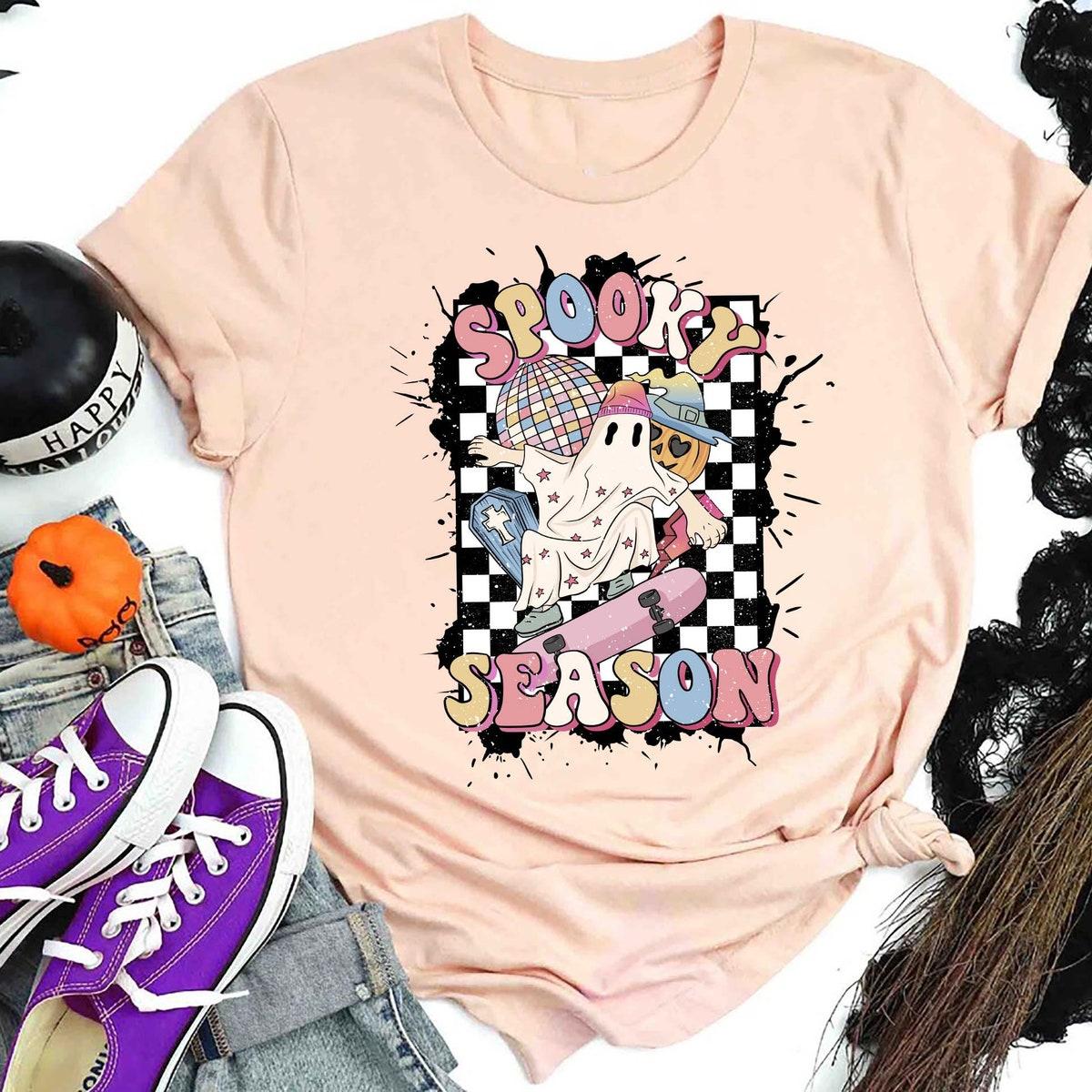 Spooky Season Halloween Ghost On A Skateboard Shirt 3