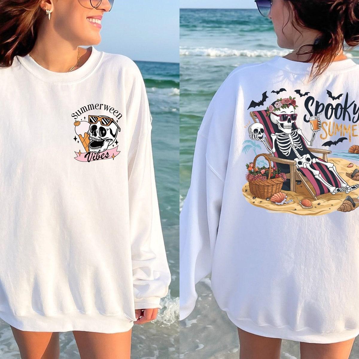 Summerween Vibes Spooky Summer Skeleton On The Beach Halloween Shirt 1