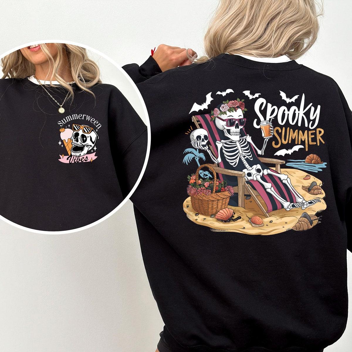 Summerween Vibes Spooky Summer Skeleton On The Beach Halloween Shirt 2