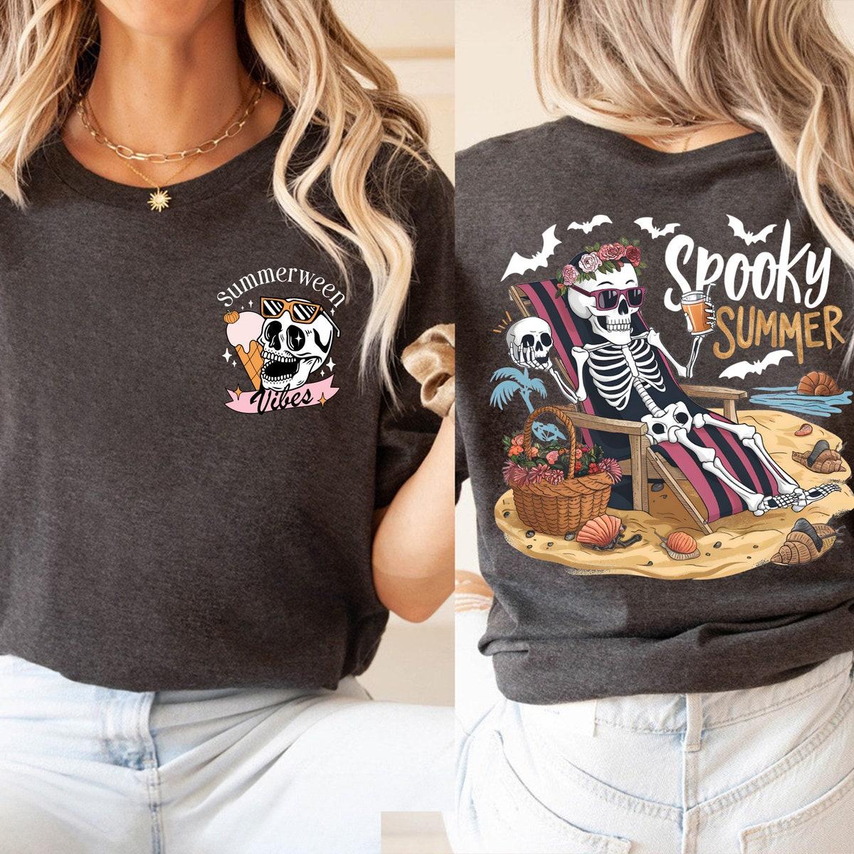 Summerween Vibes Spooky Summer Skeleton On The Beach Halloween Shirt 6