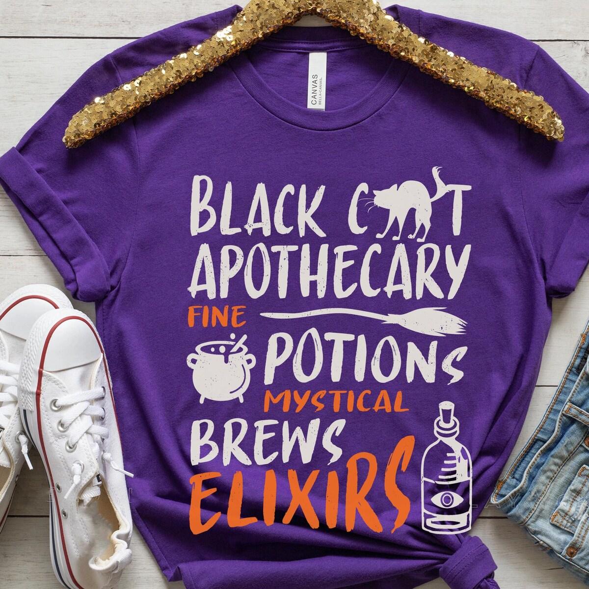 Thackery Binx Black Cat Apothecary Fine Potions Salem Gothic Halloween Shirt 3