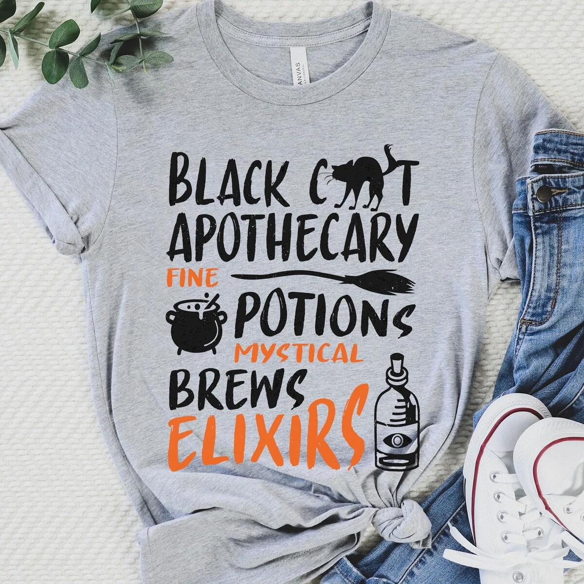 Thackery Binx Black Cat Apothecary Fine Potions Salem Gothic Halloween Shirt 6