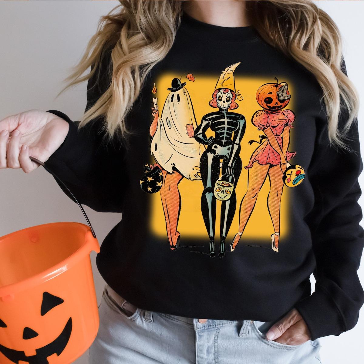 Trick Or Treat Trio Halloween Ghost Skeleton Pumpkin Shirt 1