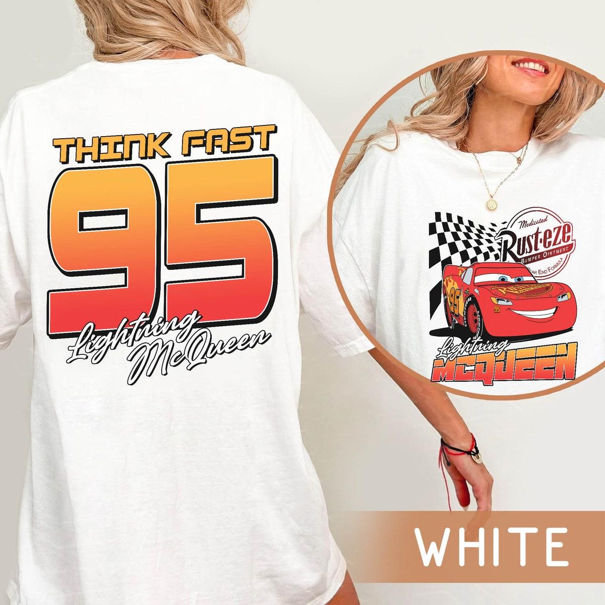 Two Sided Retro Lightning Mcqueen Rusteze 95 Think Fast Shirt 2