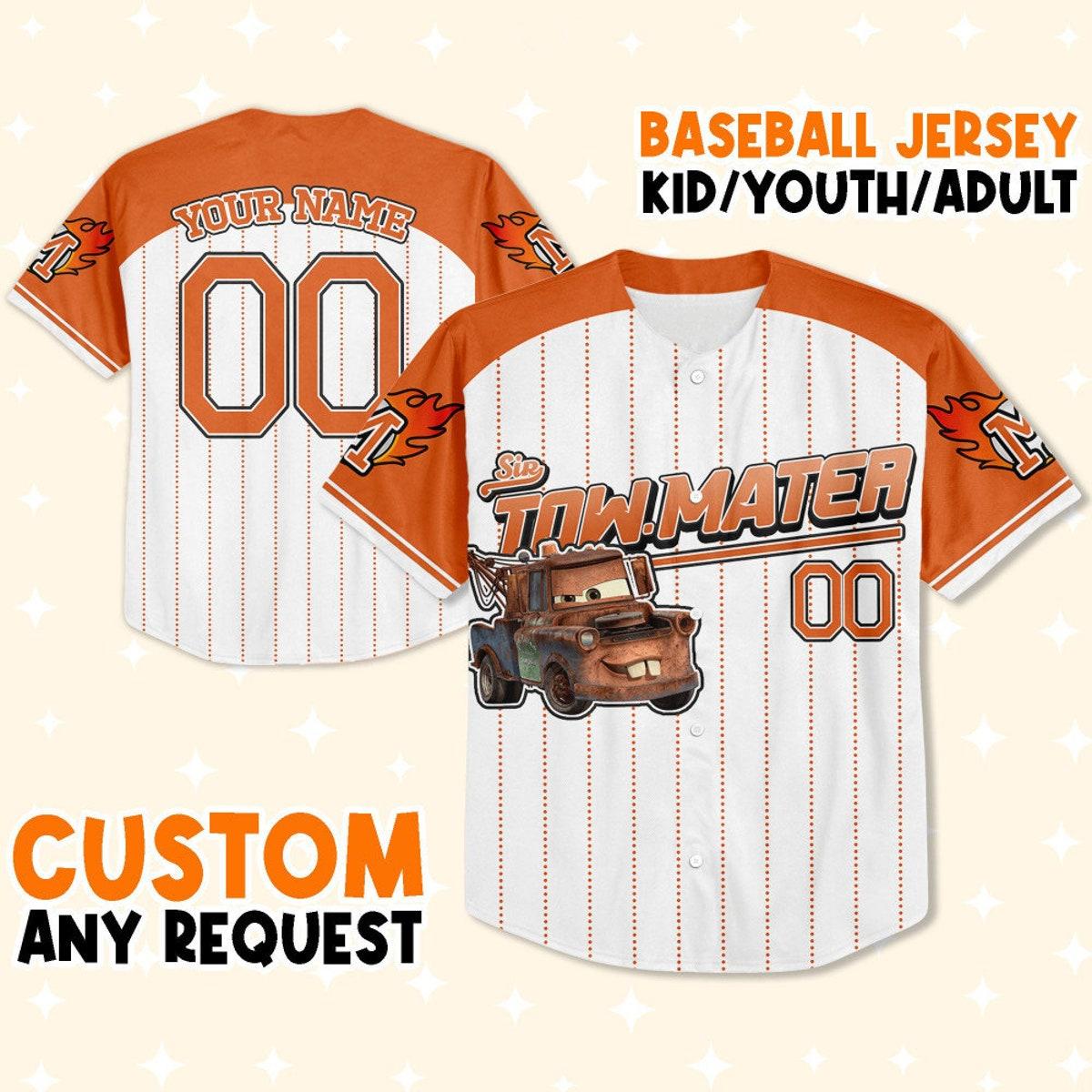 Custom Cars Mater Orange Cool Custom Text Lightning Mcqueen Baseball Jersey 1