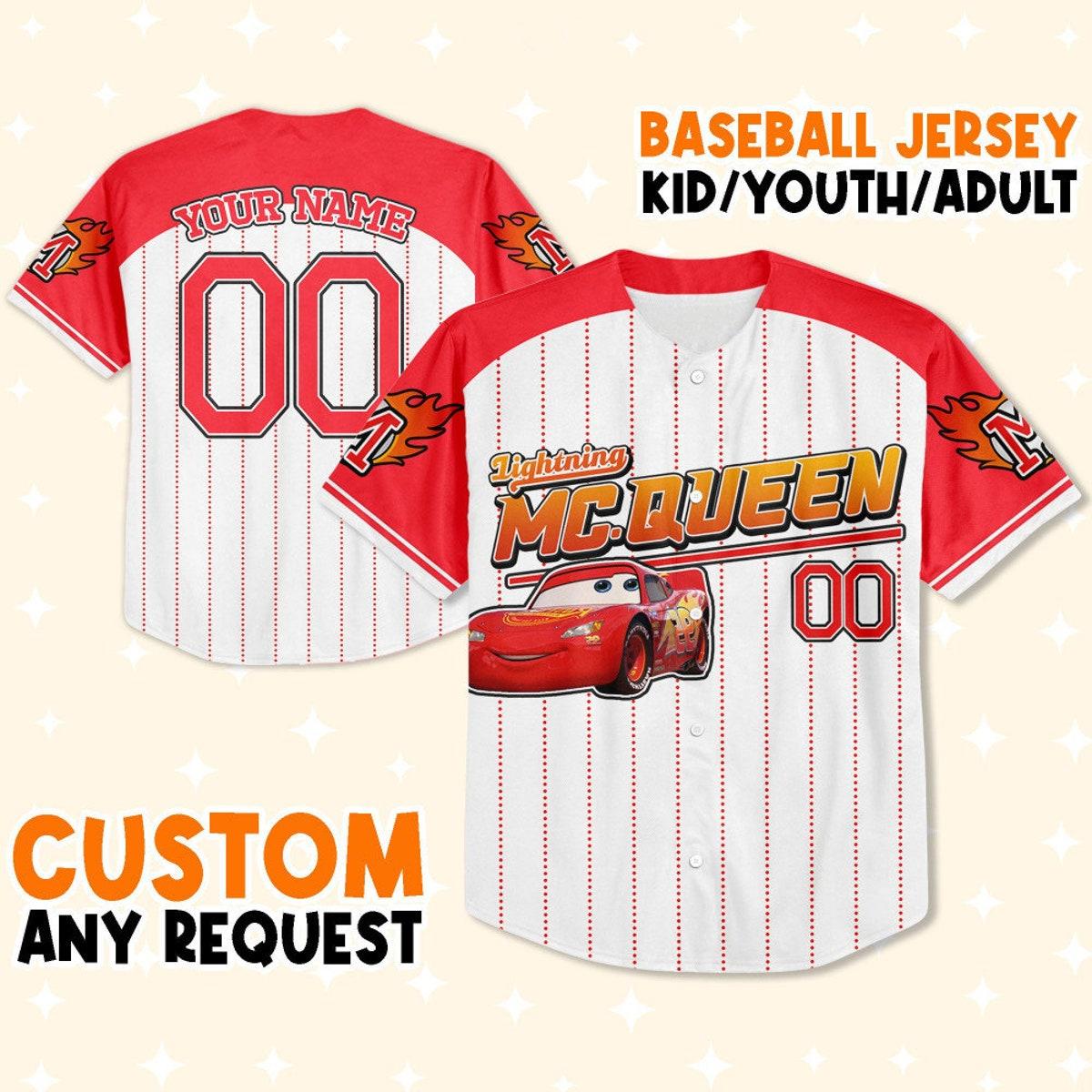 Custom Cars Mcqueen Red Curious Lightning Mcqueen Baseball Jersey 1