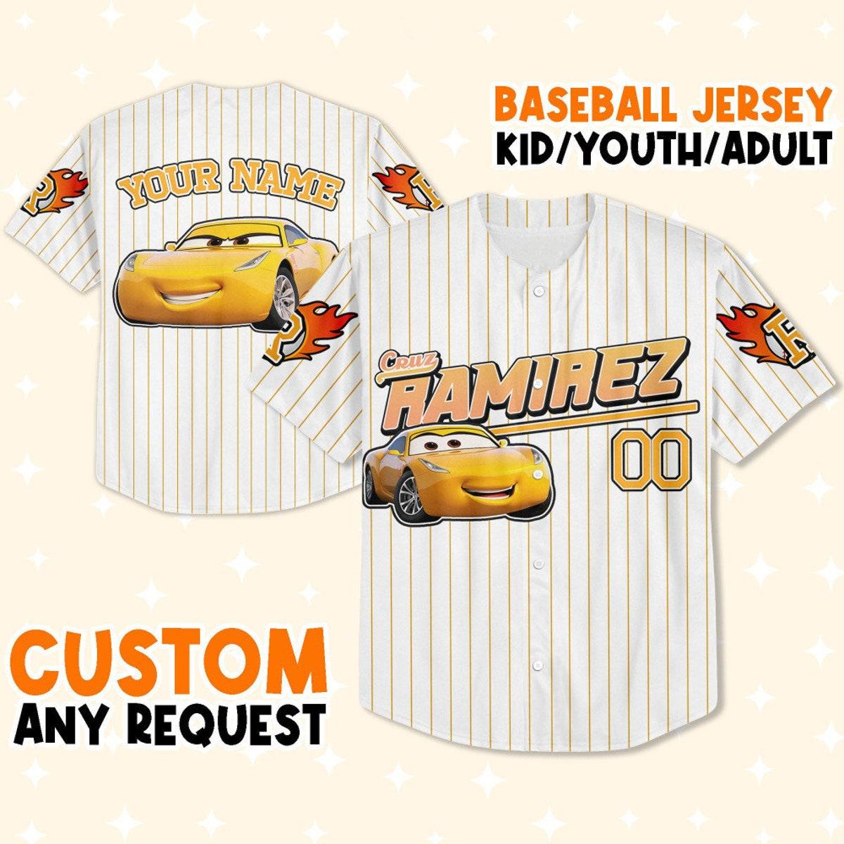 Custom Cars Ramirez Yellow Custom Text Lightning Mcqueen Baseball Jersey 1