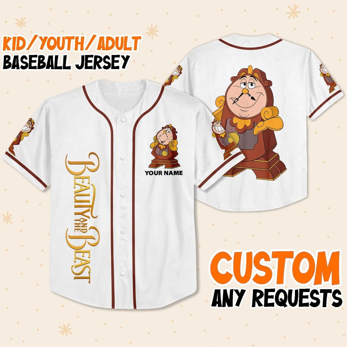 Custom Disney Beauty And The Beast Cogsworth Simple White Baseball Jersey 1