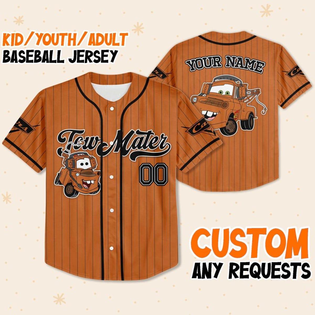 Custom Disney Cars Lightning Tow Mater Brown Simple Baseball Jersey 1