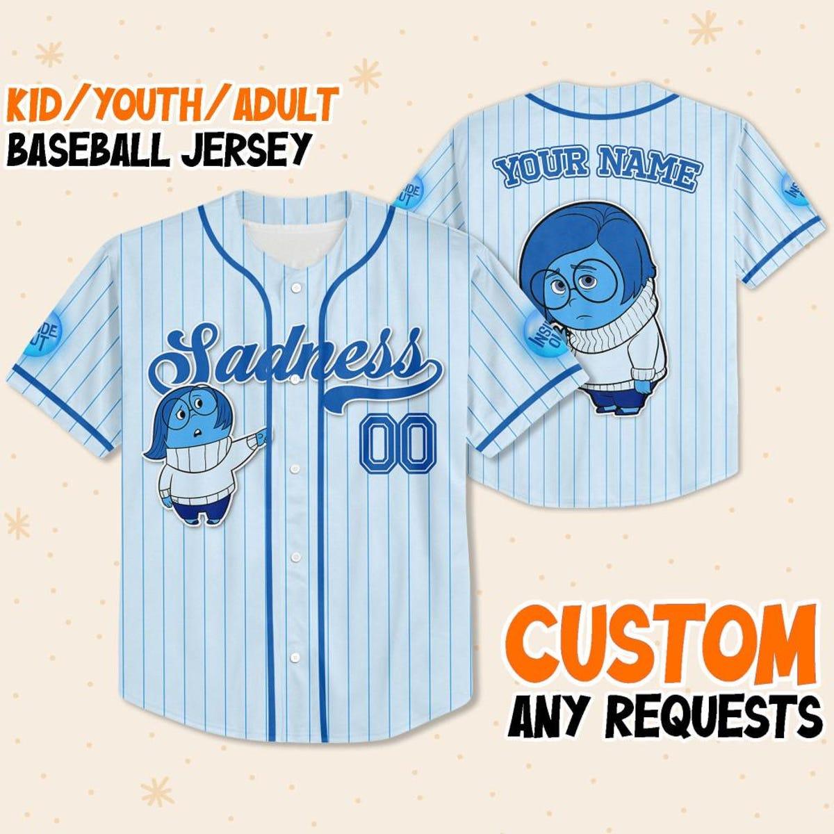 Custom Disney Inside Out Sadness Simple Blue Baseball Jersey 1