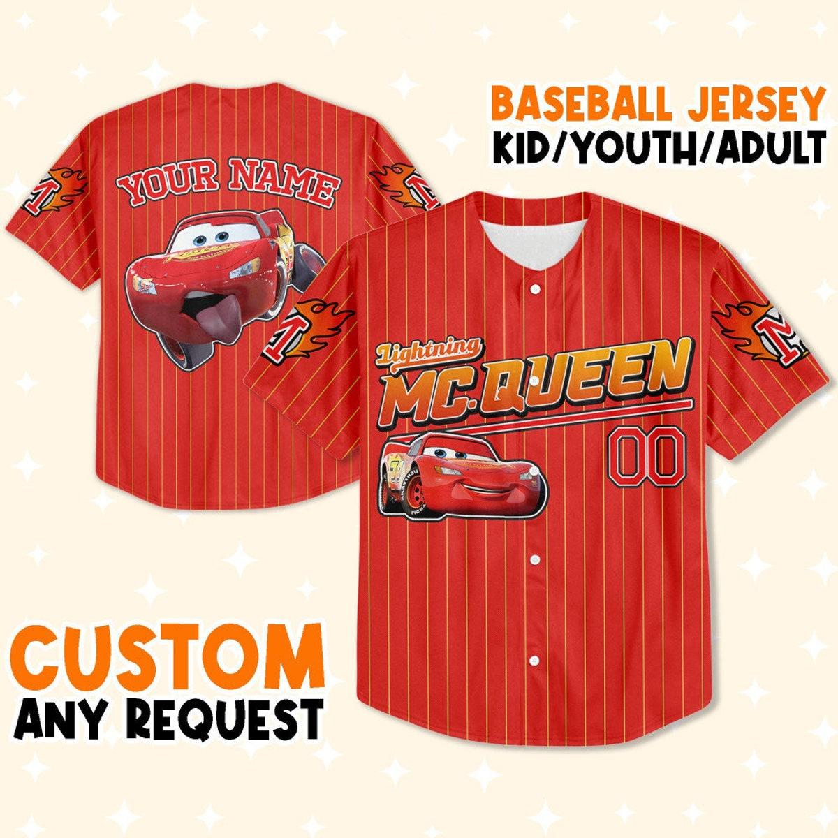 Custom Mc Queen Red Yellow Lightning Mcqueen Baseball Jersey 1