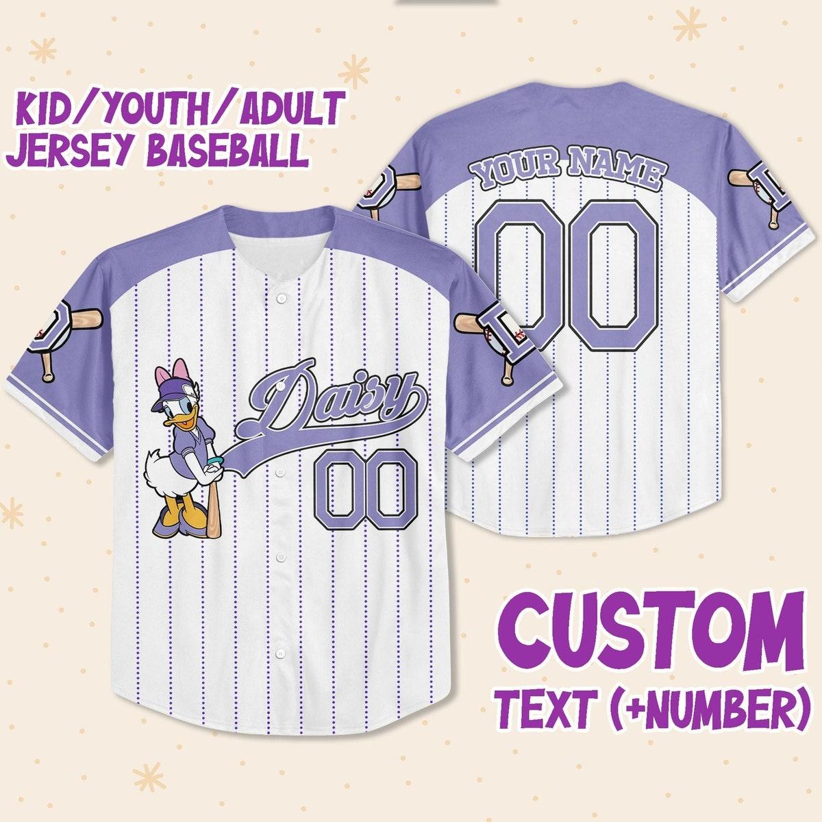 Custom Purple Daisy Custom Name Disney Game Day Baseball Jersey 1