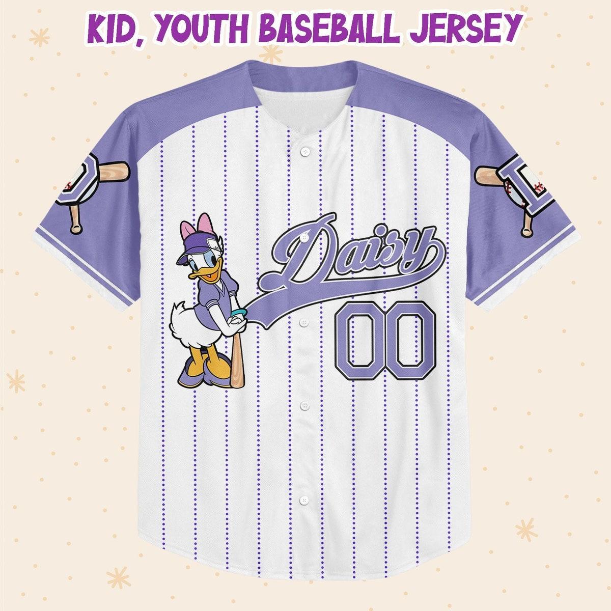 Custom Purple Daisy Custom Name Disney Game Day Baseball Jersey 2