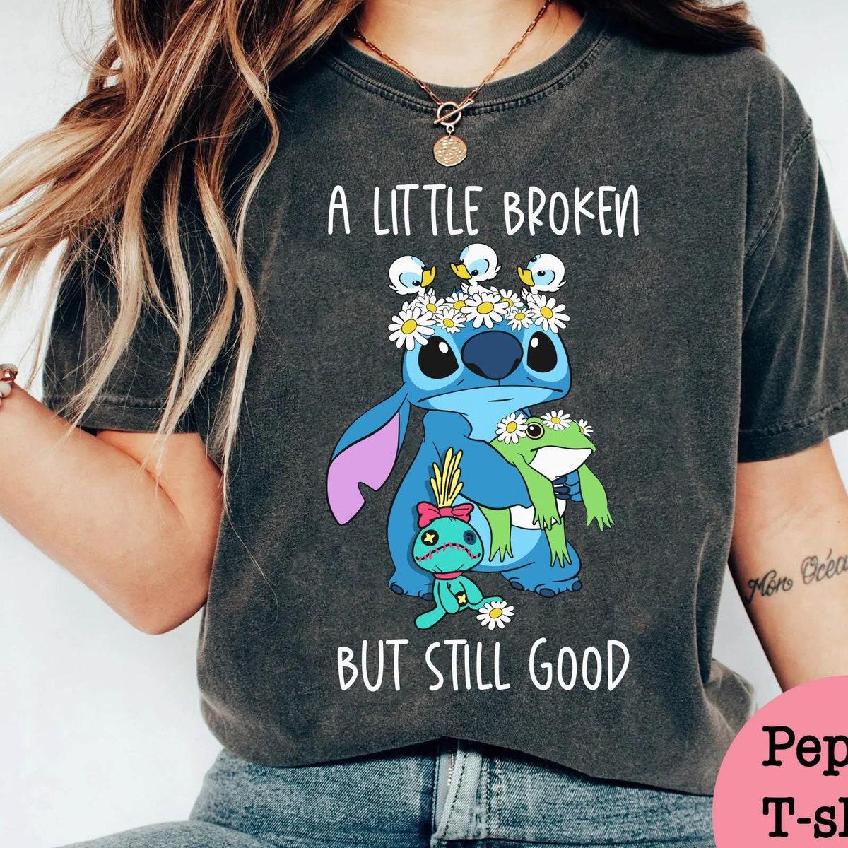 Cute Stitch With Daisy Scrump Frog Ducks Little Broken But Still Good Shirt 2