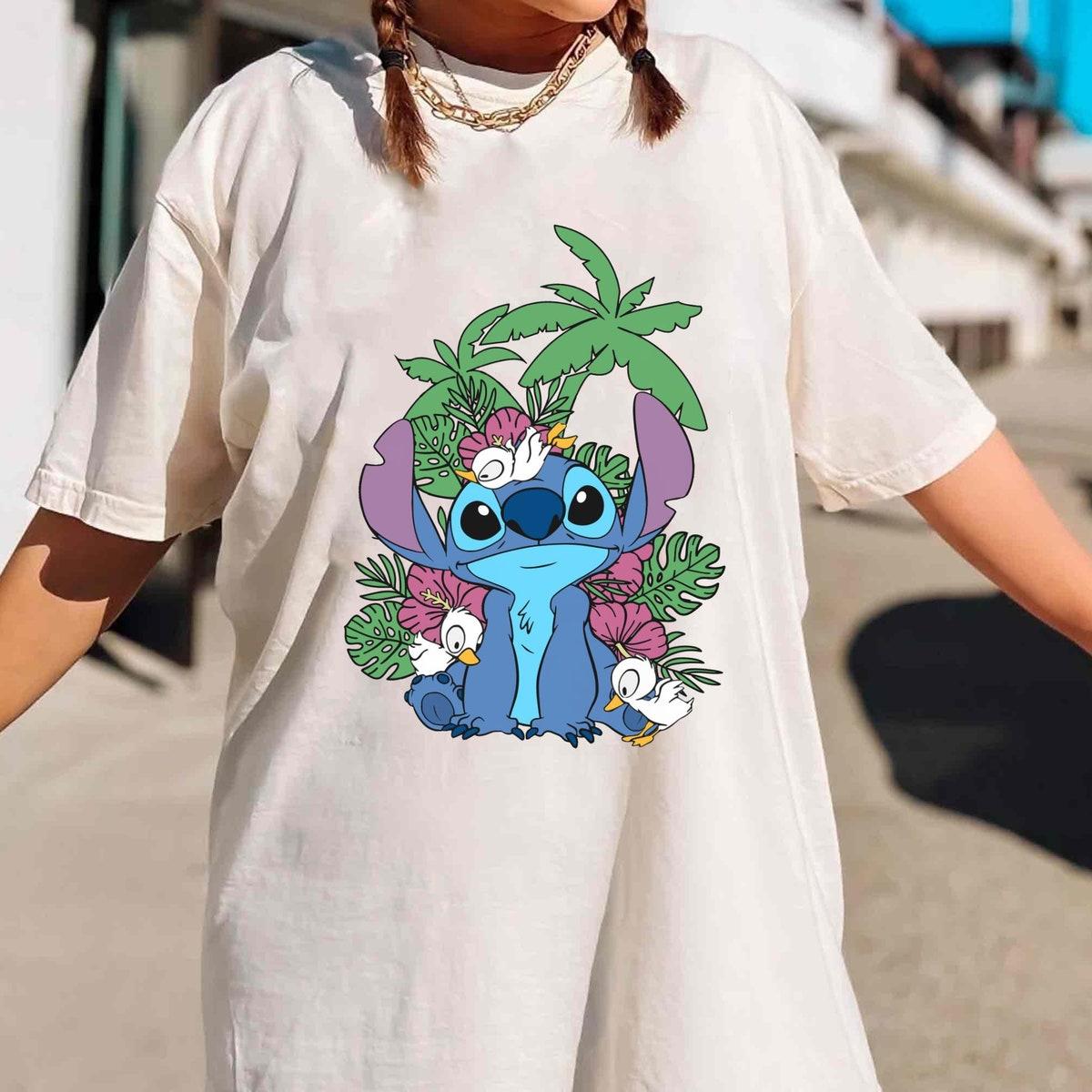 Cute Stitch With Ducks Tropical Floral Leaves Ohana Shirt 1