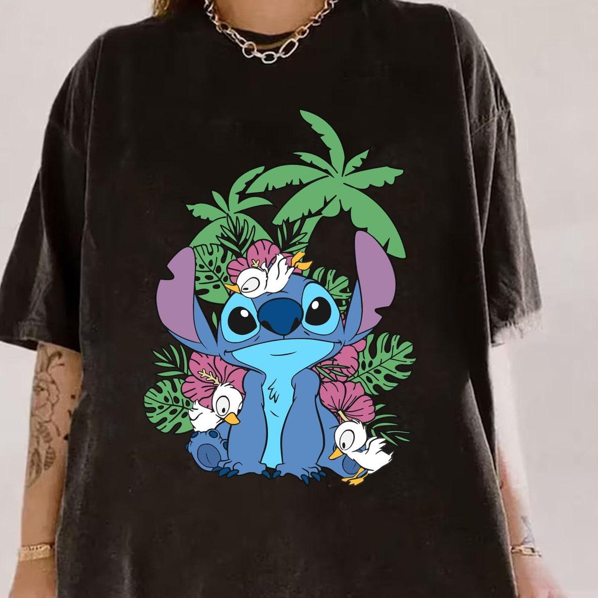 Cute Stitch With Ducks Tropical Floral Leaves Ohana Shirt 2