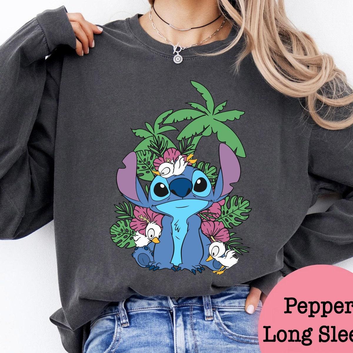 Cute Stitch With Ducks Tropical Floral Leaves Ohana Shirt 3