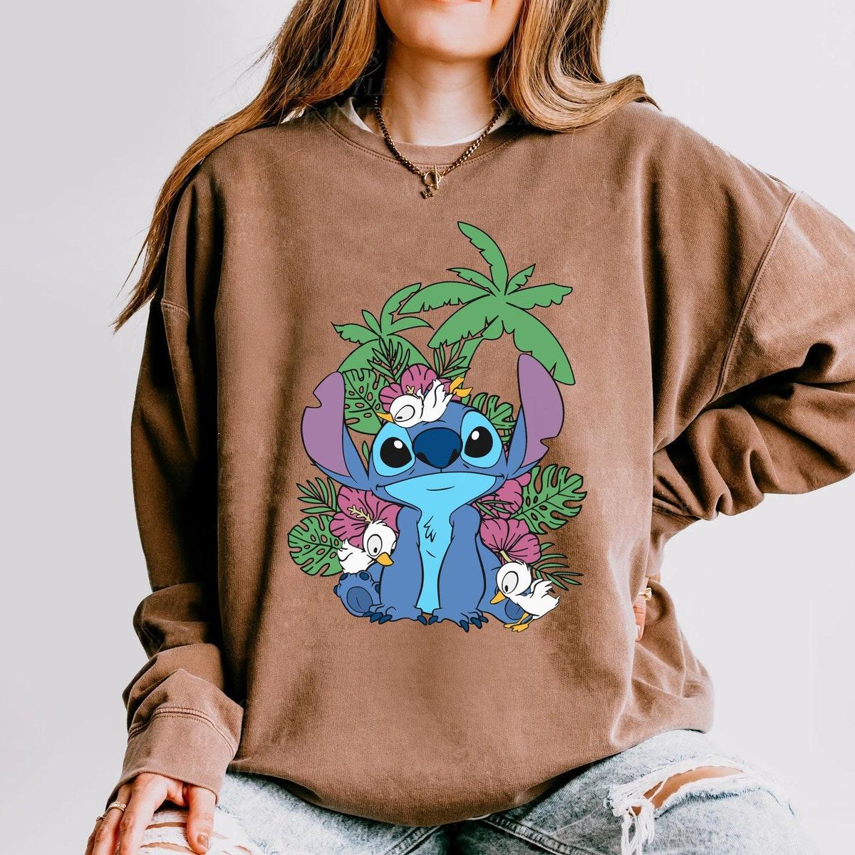 Cute Stitch With Ducks Tropical Floral Leaves Ohana Shirt 4