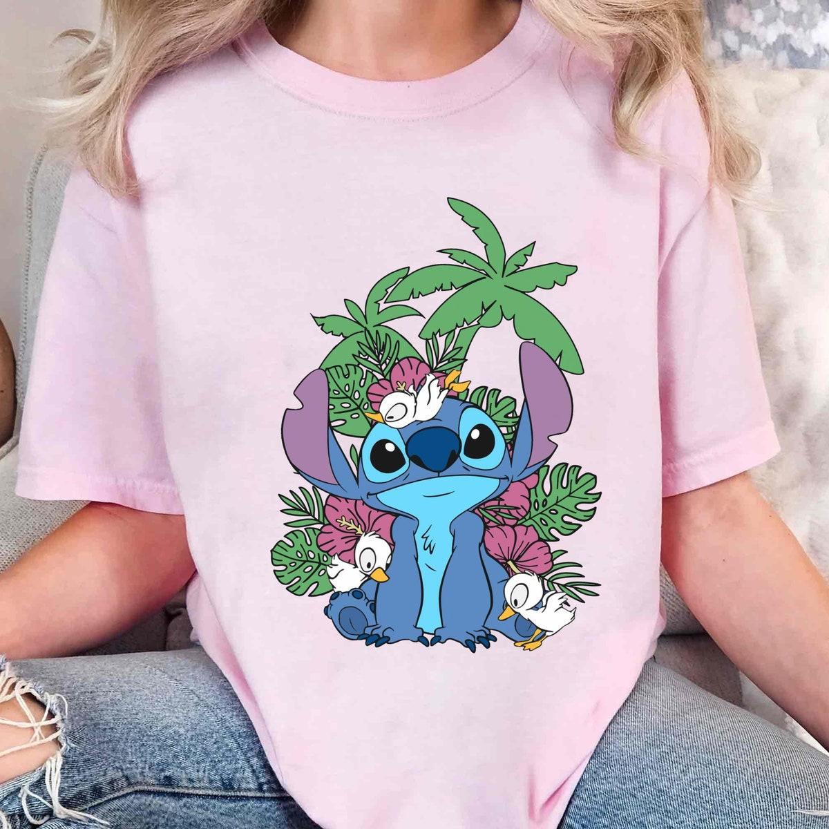 Cute Stitch With Ducks Tropical Floral Leaves Ohana Shirt 5