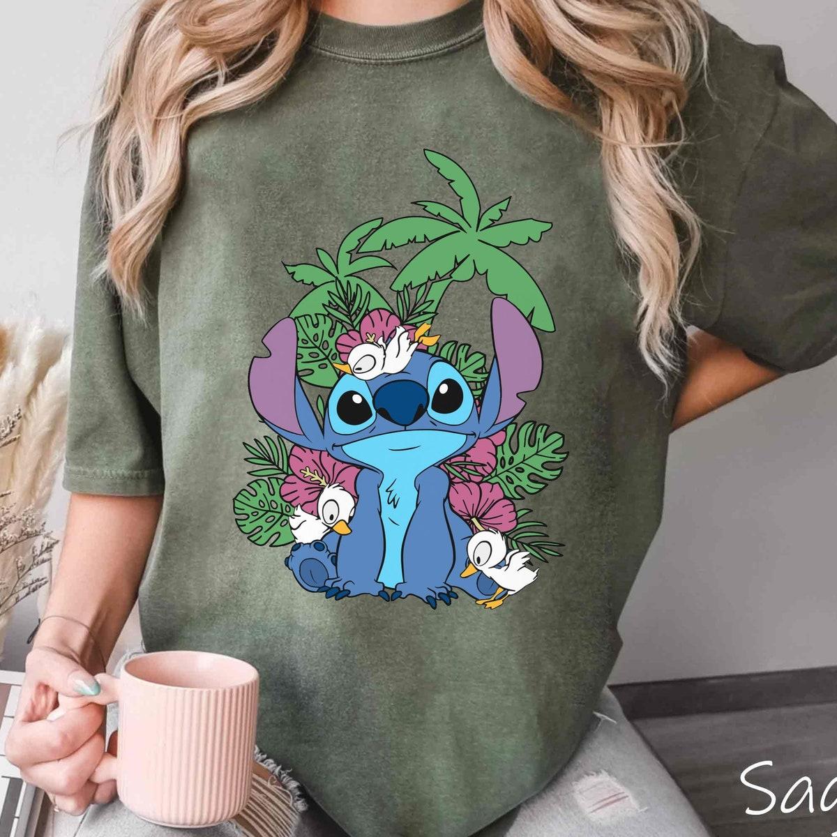 Cute Stitch With Ducks Tropical Floral Leaves Ohana Shirt 6