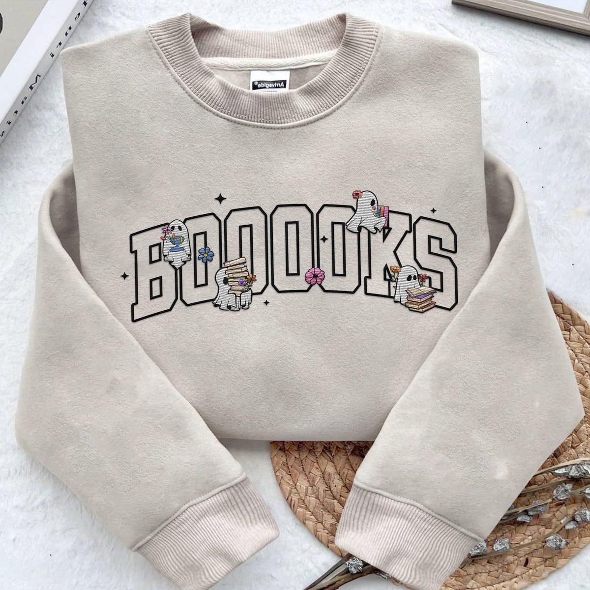 Embroidered Boo Ghost Books Ghosts Reading Books Embroidery Sweatshirt 1