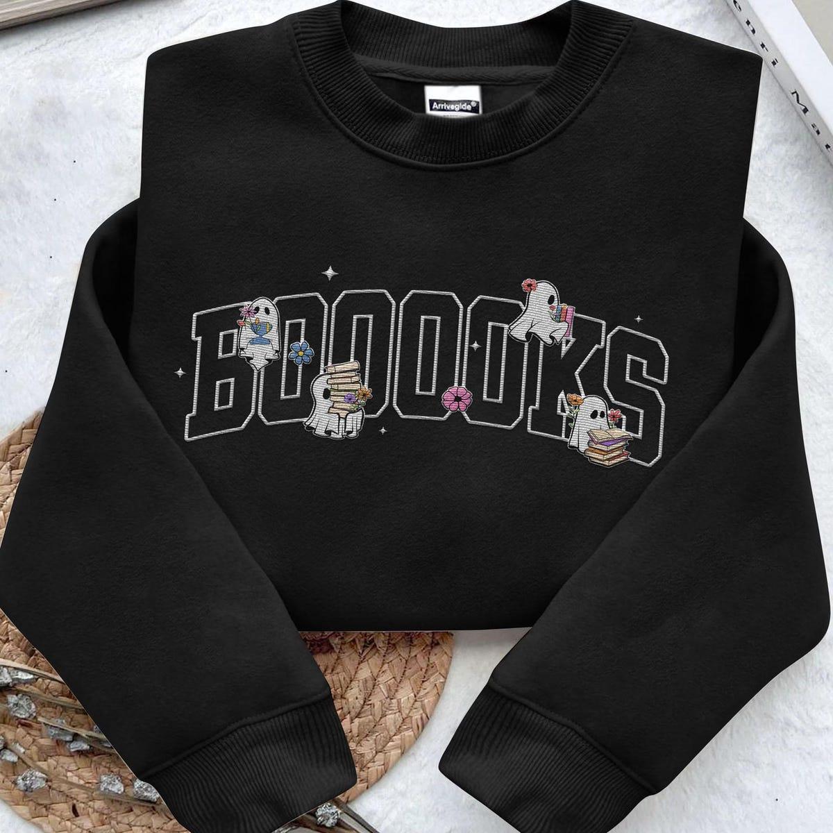 Embroidered Boo Ghost Books Ghosts Reading Books Embroidery Sweatshirt 2