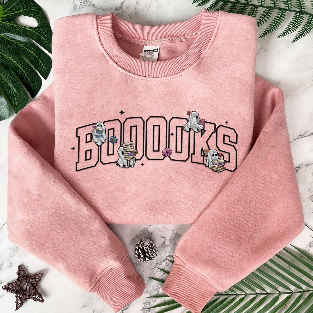 Embroidered Boo Ghost Books Ghosts Reading Books Embroidery Sweatshirt 3