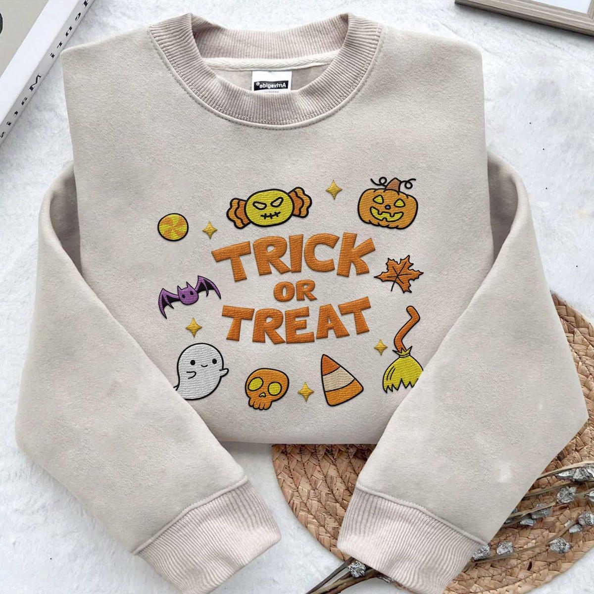 Embroidered Doodle Halloween Pumpkin Trick Or Treat Sweatshirt 2