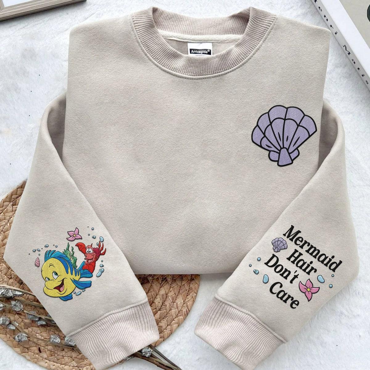 Embroidered Sleeve Ariel Flounder Sebastian Mermaid Hair Dont Care Sweatshirt 1