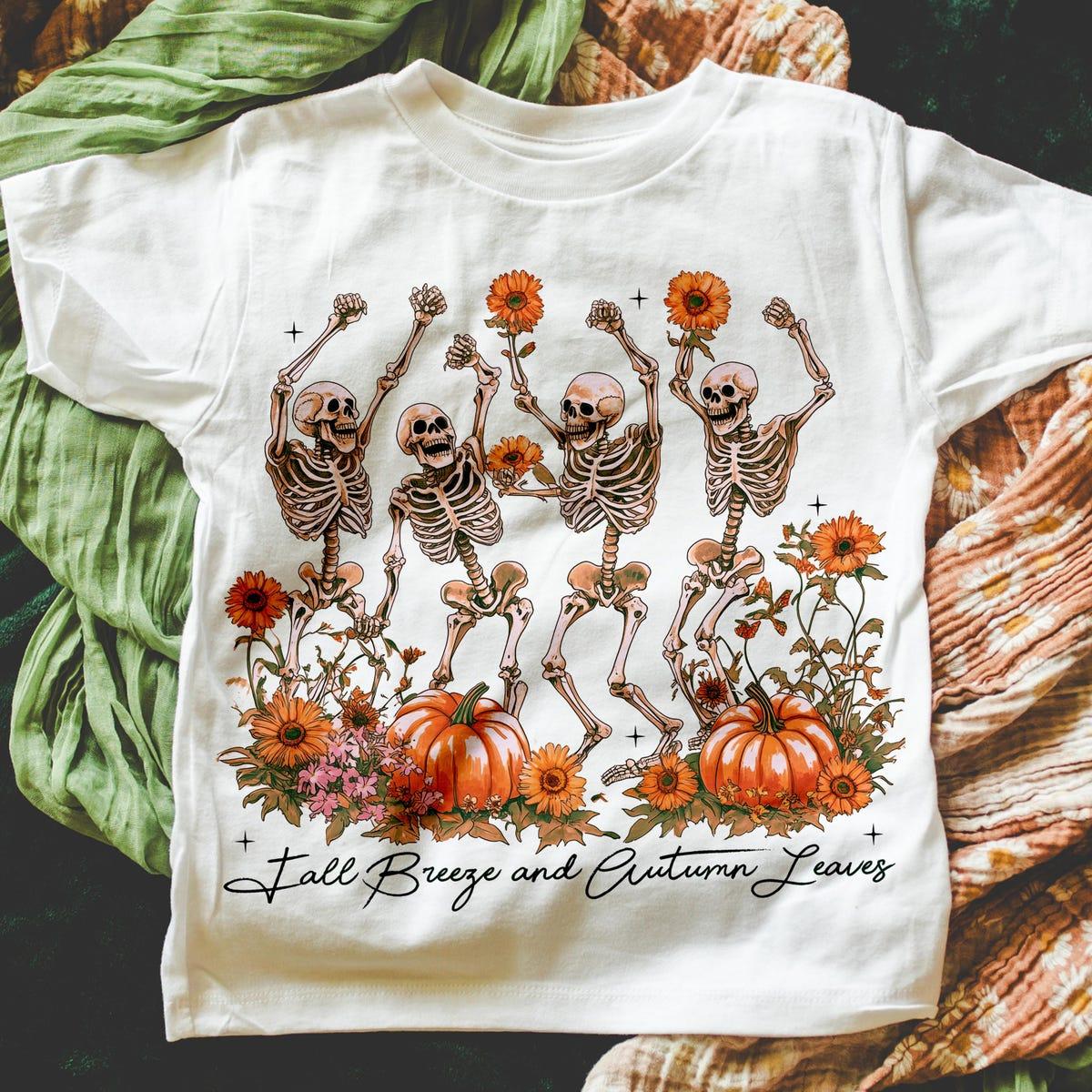 Fall Breeze And Autumn Leaves Skeleton Shirt 2