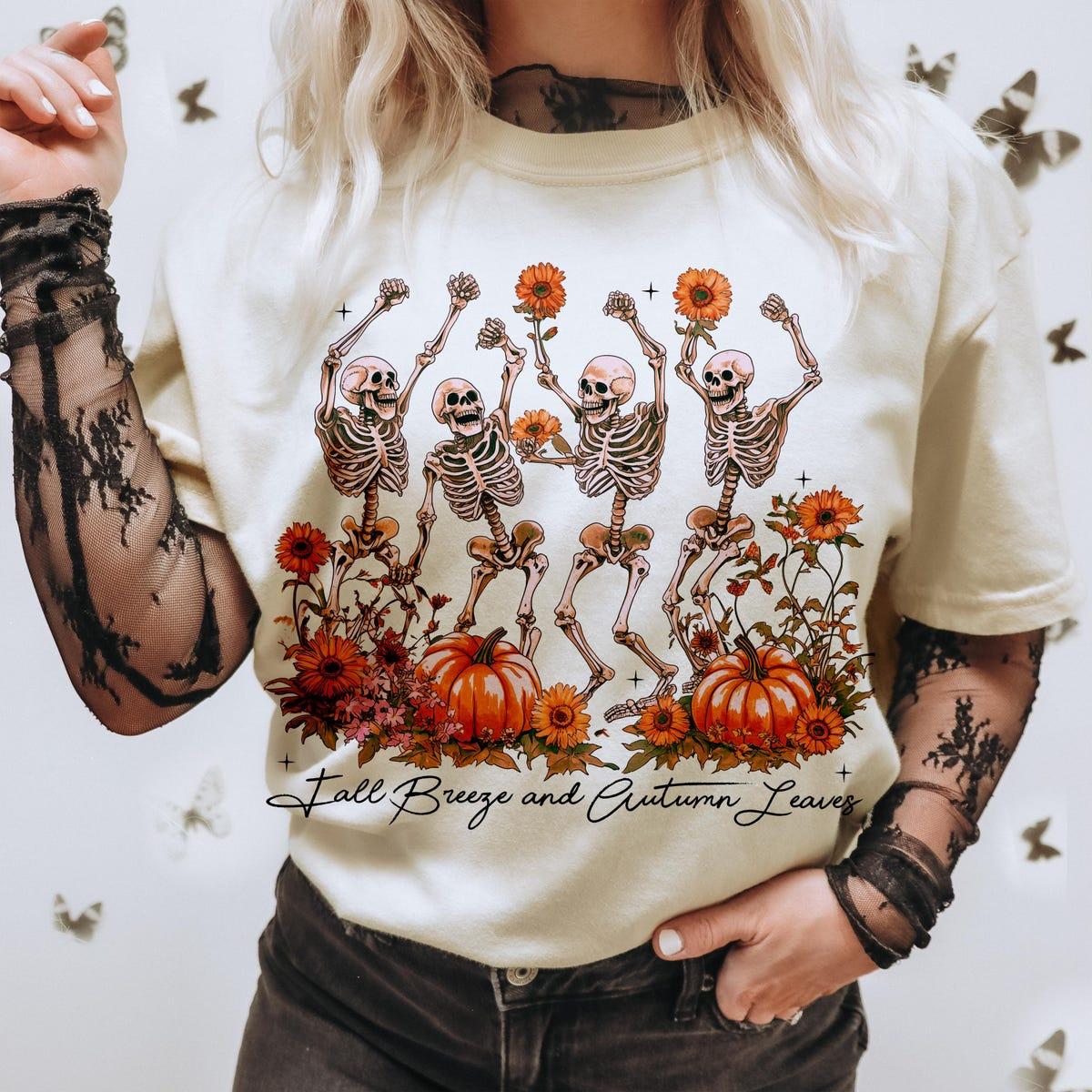 Fall Breeze And Autumn Leaves Skeleton Shirt 3