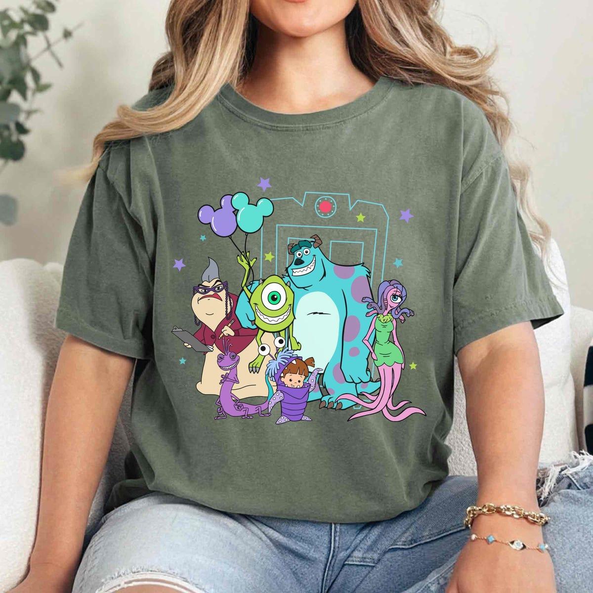 Monsters Inc Group Characters With Mickey Balloon We Scare Because We Care Shirt 3