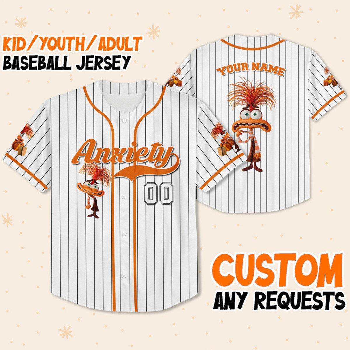 Personalize Anxiety Jersey Orange White Inside Out 2 Disney Baseball Jersey 1