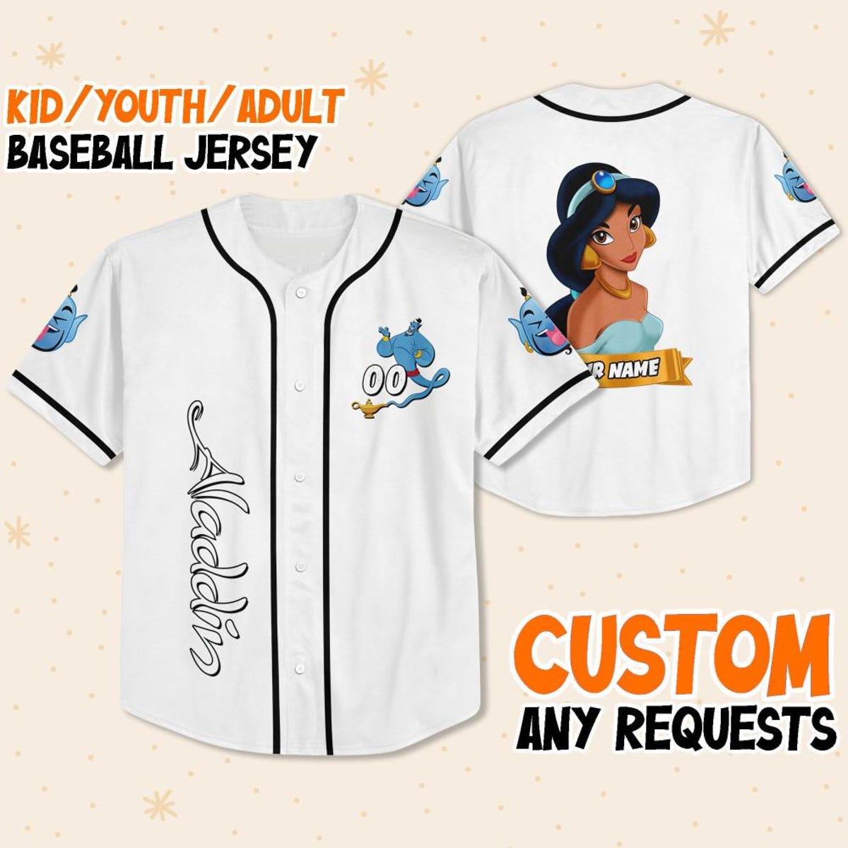 Personalize Disney Aladdin Princess Jasmine White Black Baseball Jersey 1