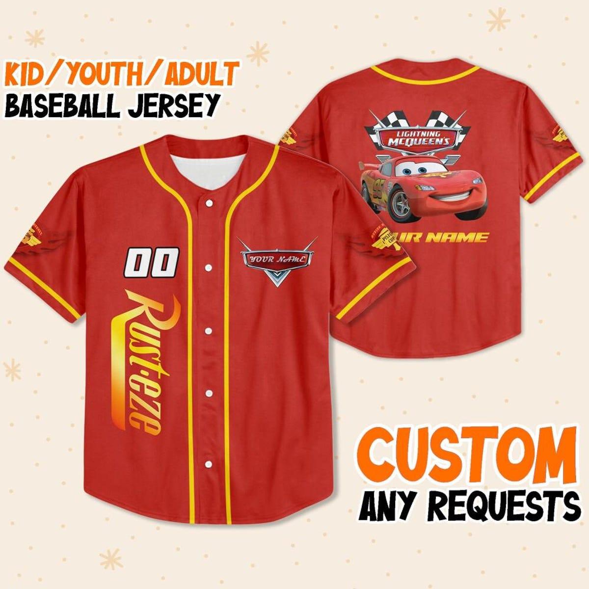 Personalize Disney Cars Lightning Mcqueen Red Yellow Baseball Jersey 1