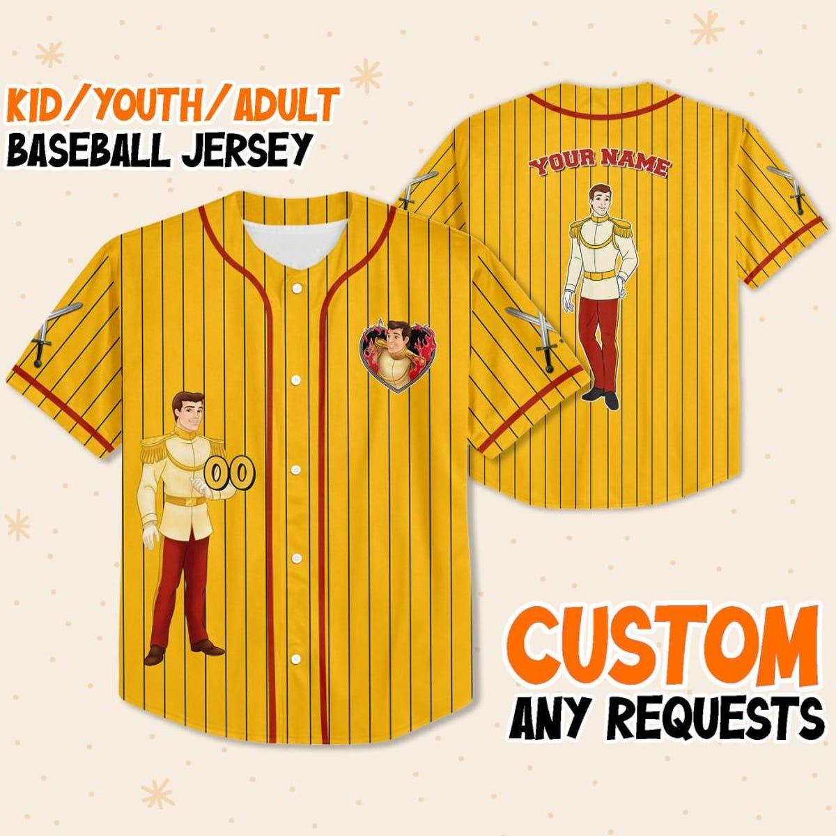 Personalize Disney Cinderella Prince Henry Yellow Red Princess Baseball Jersey 1