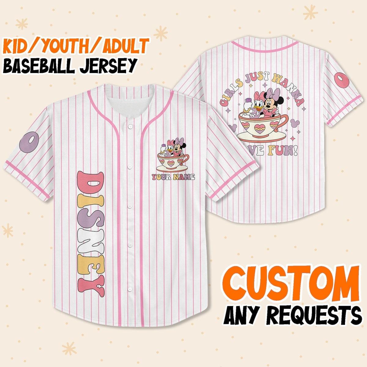 Personalize Disney Daisy And Minnie Girls Just Wanna Have Fun Baseball Jersey 1